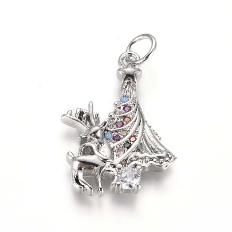 PandaHall Brass Micro Pave Cubic Zirconia Pendants, with Jump Rings, Christmas Reindeer/Stag & Christmas Tree, for Christmas, Colorful…