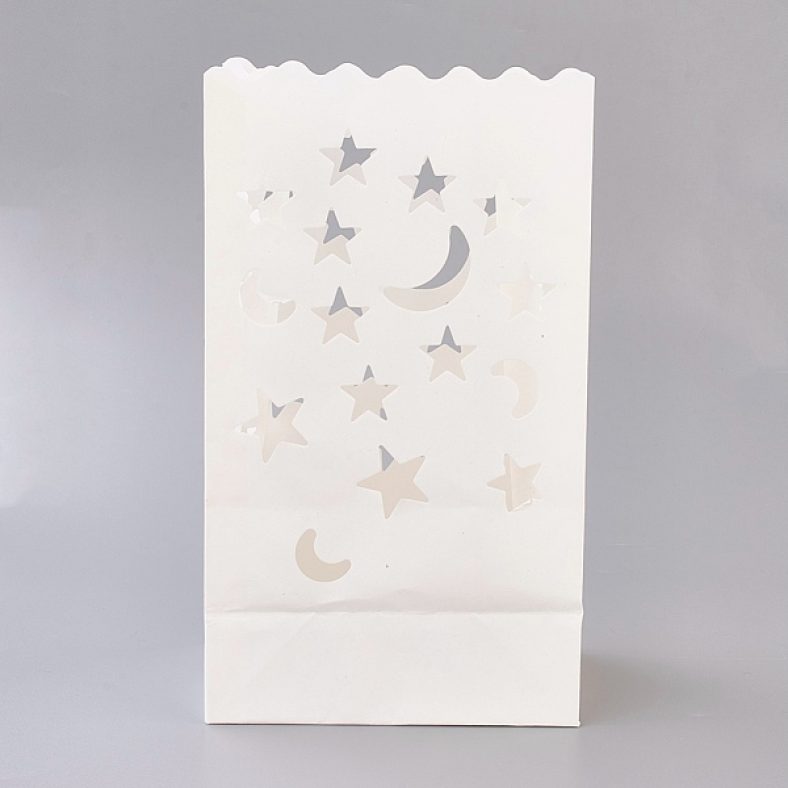 PandaHall Hollow Candle Paper Bag, Paper Lantern, Home Wedding Party Supplies, Moon and Star, White, 26x15x9cm Paper White
