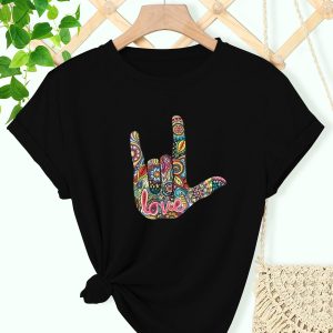 Women's Bohemian Love Hand Gesture Print T-shirt, Casual Round Neck Short Sleeve Top, Summer Sportswear