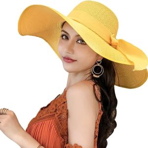 Women's Wide Brim hat Sun Protection Straw Hat Floppy Foldable roll up hat Summer UV Protection Beach Hats UPF 50+â¦ Medium Yellow