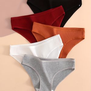 5pcs Solid Ribbed Briefs, Comfy & Breathable Stretchy Intimates Panties, Women's Lingerie & Underwear