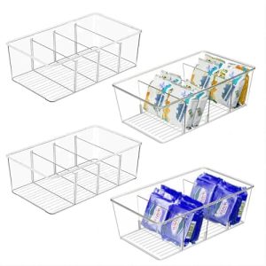 4 Pack Kitchen Organizers and Storage Bins with Removable Dividers,Clear Plastic Bins for Pantry,Fridge,Cabinet Organization and Storage,box container