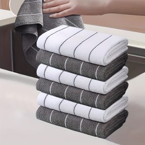 5pcs Super Absorbent Microfiber Kitchen Towels - Extra-wide Stripe And Thickened Gray And White Dish Cloths For Easy Cleaning And Drying