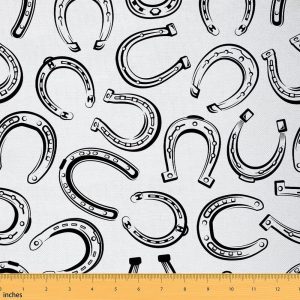 Feelyou Horseshoe Fabric by The Yard, Horse Equipment Sports Theme Upholstery Fabric for Chairs and Home DIY Projects, Classic Horseshoe Pattern Decor