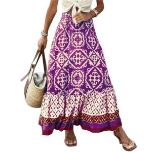 FQFGGYD Long Skirts for Women Bohemian Midi Skirts Flowy Skirts for Women Print Loose Patchwork Vacation Outfit Swing Skirts Purple