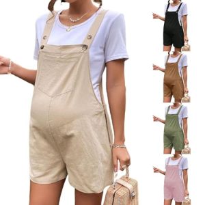 FQFGGYD Women's Rompers Sleeveless Cotton Loose Button Adjustable Baggy Overalls Maternity Shorts Jumpsuits with Pockets