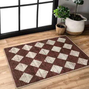 Lahome Kitchen Rugs Small 2x3 Kitchen Rugs Non Slip Washable,Wine Red Bathroom Rugs,Moroccan Checkered Trellis Soft Low Pile Accent Indoor Carpet for