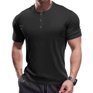 Muscle Cmdr Men's Muscle Henley Shirts Slim Fit Long&Short Sleeve Casual Stylish T-Shirt Business Underwear Z-black Small