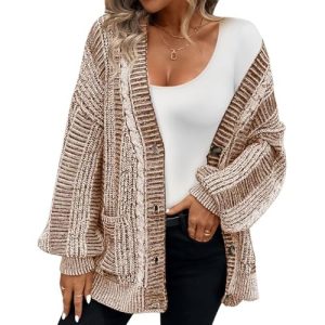 Pink Queen Women's 2024 Fall Winter Cardigan Sweater Long Sleeve Cable Knit Loose Outerwear Coat Large Coffee