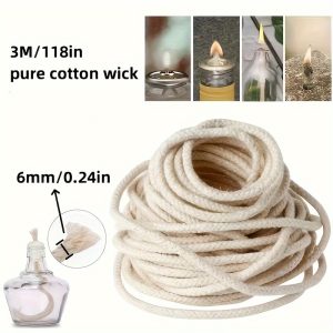 6mm Thick Cotton Wick For Oil Lamps And Homemade Candles - 3m/118in Long Replacement Wicks & Trimmers - Pure Cotton Lamp Accessories