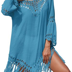 Beach Cover Ups for Women Holiday Hand Hook V-neck Splicing Long Sleeve Fringe Perspective Loose Sunscreen Sexy Smock One Size Blue