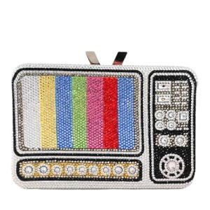 Boutique De FGG Retro Women Crystal Clutches Bag Novelty Evening Handbags Party Prom Rhinestone Metal Clutch Box Purse,Mini Television Tv