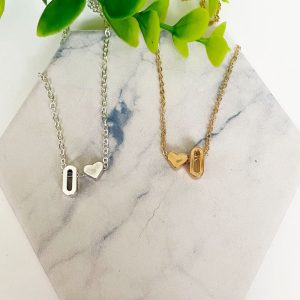 Dainty Initial with Heart Necklace - O - Silver