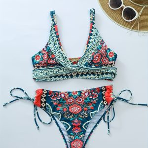 Floral Pattern 2 Piece Set Bikini, Tribal Style Tie Side High Cut Swimsuits, Women's Swimwear & Clothing