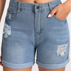 Modlily Denim Blue Button Regular High Waisted Shorts - XL