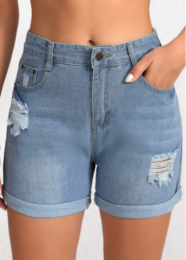 Modlily Denim Blue Button Regular High Waisted Shorts – XL