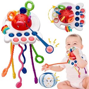 Montessori toys for babies 6-12 months Baby Silicon Sensory Travel Pull String Teething Toys for 3-6 Months 1 Year Old Hang on Stroller Crib Car Seat