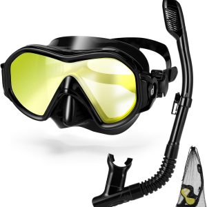 Odoland Snorkel Mask, Dry Top Snorkeling Mask, Anti-Leak Anti-Fog Tempered Glass Diving Mask for Adult Snorkeling Yellow