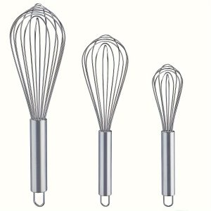 Stainless Steel Whisk Set Of 3 - Manual Kitchen Hand Blenders For Whisking, Beating, Stirring - Enhanced Durability Balloon Whisk Kit, Food Grade, Easy To Clean, Ergonomic Design - No Battery Required
