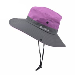 Women's Wide Brim Mesh Sun Hat with Ponytail Hole, UV Protection - PURPLE