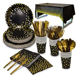176 Pieces Gold Disposable Party Dinnerware Set &Golden Dot Disposable Party Dinnerware - Black Paper Plates Napkins Cups, Gold Plastic Forks Knives S