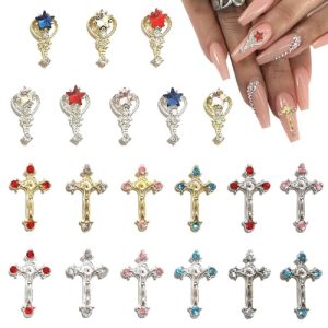 20PCS Cross Nail Charms 3D Star Gold and Silver Nail Charms for Acrylic Nails, Metal Alloy Nail Decorations for Nail Art Decor Crystal Rhinestones Nai