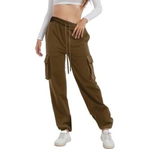 COZYPOIN Women's Loose Cargo Joggers 2024 Spring Summer Sweatpants Hiking Pants Multiple Pockets Y2 Jogger Medium Brown
