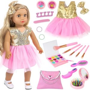 Ecore Fun 19-Piece 18 Inch Doll Clothes & Makeup Set with Dress Cosmetic Bag Brushes Eye Shadow Blushers Hairclip Hair-Ties Combs Mirror Nail File Acc