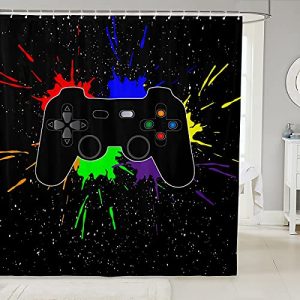 Erosebridal Boys Gaming Galaxy Shower Curtain 72" Wx72 L, Kids Games Bath Curtain Watercolor Tie Dye Gamer Video Games Print Bathroom Accessories, Mod