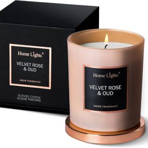 HomeLights Luxury Scented Candle, Natural Soy Wax, Home Fragrance Decor Gift, Velvet Rose & Oud, Medium Jar