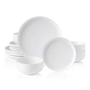 Kanwone Porcelain Dinnerware Sets for 4, Round Plates and Bowls Sets, 12 Piece Dish Set with Dinner Plates, Dessert Salad Plates and Cereal Bowls, Mic