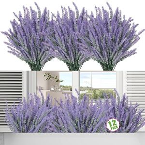 Moulyan 12 Bundles Fake Flowers Artificial Lavender Faux Plastic Purple Flowers for Home Wedding Kitchen Garden Patio Window Box