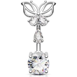 OUFER Belly Button Rings, Butterfly Belly Rings, 316L Surgical Steel Navel Rings, Clear CZ Belly Piercing Jewelry, Dangle Belly Rings For Women Men