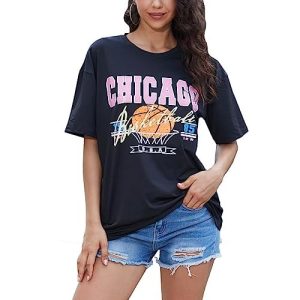 YIJIU Women's Graphic Oversized T Shirts Letter Print Short Sleeve Loose Casual Summer Tops X-Small Black Graphic