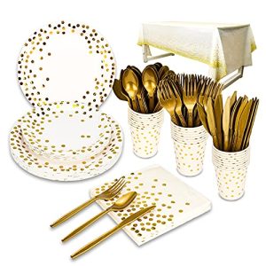 176 Pieces Gold Disposable Party Dinnerware Set &Golden Dot Disposable Party Dinnerware - Black Paper Plates Napkins Cups, Gold Plastic Forks Knives S