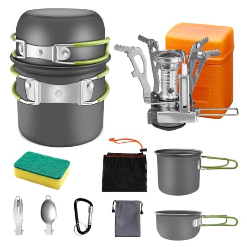 AUTOPkio Camping Cooking Set, Outdoor Camping Pans Pots and Stove – Non Stick Folding Cookware Kit for BBQ Picnic Hiking Backpacking Travel 1-2 Person
