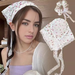Bincout Meerore 2PCS Boho Headbands Sunscreen Headscarf Hair Band Lace Hair Scrunchies Elastic Hair Ties Floral Head Kerchief Hair Scarves Hair Bandan