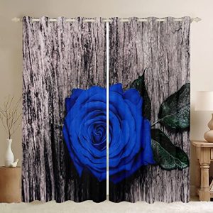 Erosebridal Blue Rose Curtains Valentine's Day Window Curtains Grey Wooden Farmhouse Curtains & Drapes Rose Love Romantic Moment Print Curtains Blosso