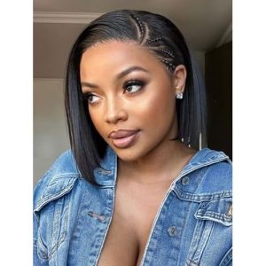 Fancy Hair Straight 13X4 Lace Front Bob with Braided Hair for Black Women Wear and Go Glueless Synthetic Short Straight Bob Wig Not Human Hair Braided