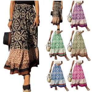 FQFGGYD Long Skirts for Women Bohemian Midi Skirts Flowy Skirts for Women Print Loose Patchwork Vacation Outfit Swing Skirts Black