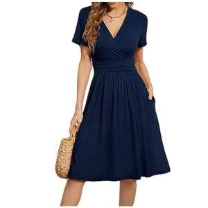 FQFGGYD Midi Dresses for Women Summer Dresses Sundresses Prom Dresses V-Neck Flowy Dress Casual Dresses Wedding Guest Dresses Navy
