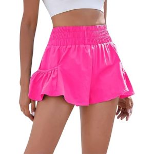 FQFGGYD Running Shorts for Women Casual Fitness Gym Shorts Quick Dry Summer Ruffled High-Waisted Lounge Shorts with Pockets