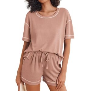 FQFGGYD Women's One-set Waffle Pajamas Set Crewneck Short Sleeve Top Casual Suit Sportswear Pantsuits 2 Pieces Sweat Shorts Pink