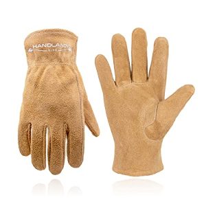 HANDLANDY Kids Genuine Leather Work Gloves for ages 3-11, Children Gardening Gloves for Boys, Girls (Large (age8-11), Khaki)