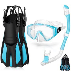 Odoland 4 in 1 Snorkel Set, Snorkeling Packages with Dry Top Diving Mask, Adjustable Swim Fins, Mesh Bag, Anti-Fog Anti-Leak Snorkeling Gear for Men W