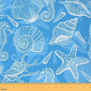 Upholstery Sea Shells Fabric for Chairs, Cute Starfish Beach Outdoor Fabric by The Yard, Ocean Creature Themed Decorative Fabric for Upholstery and Ho