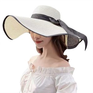 Women's Wide Brim hat Sun Protection Straw Hat Floppy Foldable roll up hat Summer UV Protection Beach Hats UPF 50+… Medium White-black Edge
