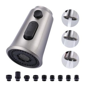 WOWOW Kitchen Faucet Head Replacement, 3 Function Pull Down Faucet Sprayer Head with 9 Adapters, Brushed Nickel Kitchen Sprayer Nozzle Compatible with