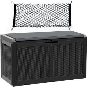 YITAHOME 100 Gallon Large Resin Deck Box w/Cushion, Outdoor Storage Boxes w/Storage Net, Waterproof Storage Bench for Patio Furniture, Outdoor Cushion