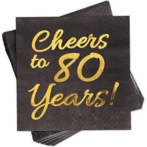 80th Birthday Decorations for Men Women Party Supplies Cocktail Napkins Black 50 Pack,5"x 5" Folded,Cheers to 80 Years! (80)